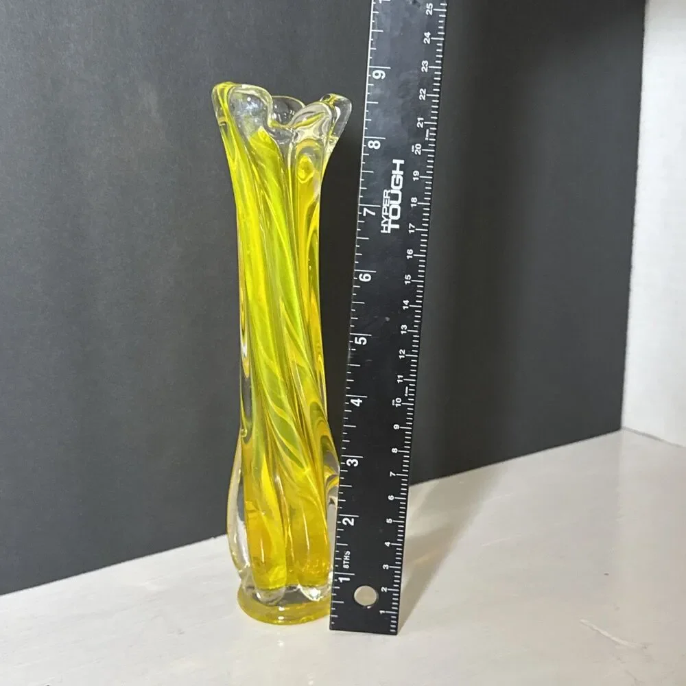Vintage Yellow Murano Vase with Twisted Stem and Petal Mouth 9 Inch Swung Vase